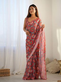 Odette - Orange Chinon Printed Saree with Unstitched Blouse for Women