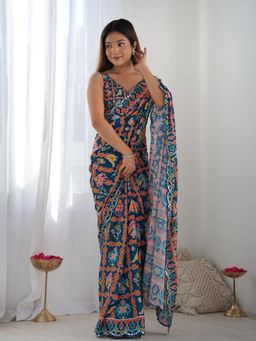 Odette - Navy Blue Chinon Printed Saree with Unstitched Blouse for Women