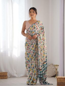 Odette - Multicolour Chinon Printed Saree with Unstitched Blouse for Women