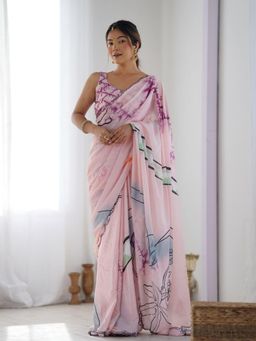 Odette - Light Pink Chinon Printed Saree with Unstitched Blouse for Women