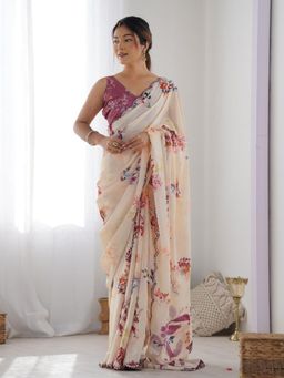 Odette - Cream Chinon Printed Saree with Unstitched Blouse for Women