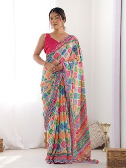 Odette - Multicolour Chinon Printed Saree with Unstitched Blouse for Women