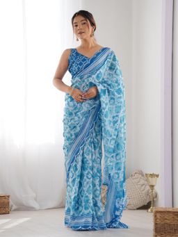 Odette - Blue Chinon Printed Saree with Unstitched Blouse for Women