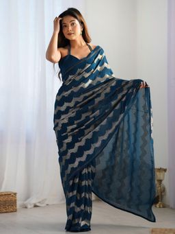 Odette - Navy Blue Georgette Sequins Saree with Unstitched Blouse for Women