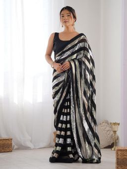 Odette - Black Georgette Sequins Saree with Unstitched Blouse for Women