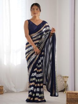 Odette - Navy Blue Georgette Sequins Saree with Unstitched Blouse for Women