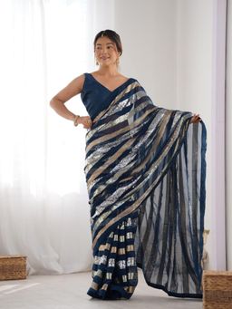 Odette - Dark Blue Georgette Sequins Saree with Unstitched Blouse for Women
