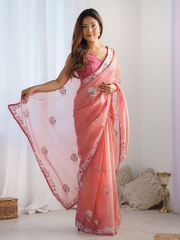Odette - Peach Net Sequins Embroidered Saree with Unstitched Blouse for Women