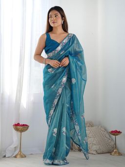 Odette - Blue Net Sequins Embroidered Saree with Unstitched Blouse for Women