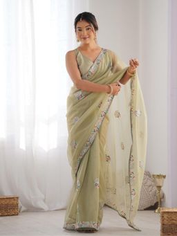Odette - Light Green Net Sequins Embroidered Saree with Unstitched Blouse for Women