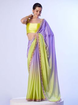 Odette - Lavender and Yellow Chinon Lace Work Saree with Unstitched Blouse for Women