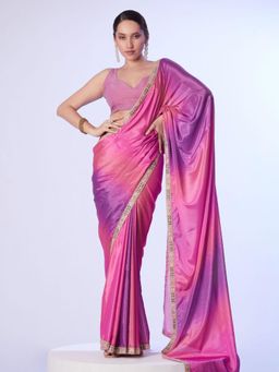 Odette - Pink and Purple Chinon Lace Work Saree with Unstitched Blouse for Women