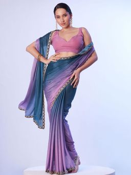 Odette - Teal Blue and Pink Chinon Lace Work Saree with Unstitched Blouse for Women
