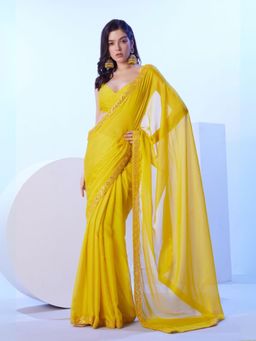 Odette - Yellow Georgette Lace Work Saree with Unstitched Blouse for Women