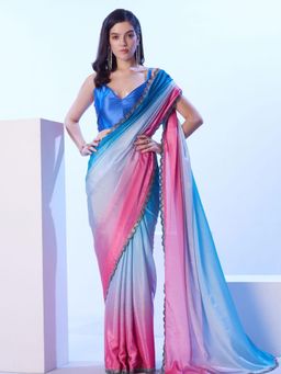 Odette - Blue and Pink Chinon Lace Work Saree with Unstitched Blouse for Women