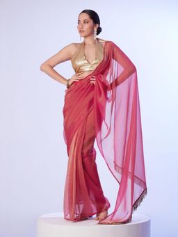 Odette - Pink Gold Organza Beads Saree with Unstitched Blouse for Women