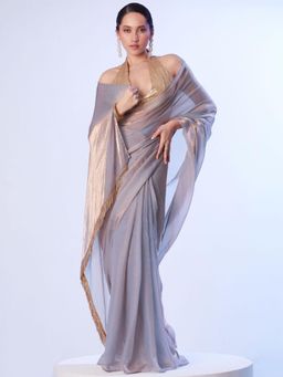 Odette - Grey Gold Organza Beads Saree with Unstitched Blouse for Women