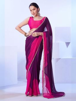 Odette - Violet and Pink Satin Lace Work Saree with Unstitched Blouse for Women