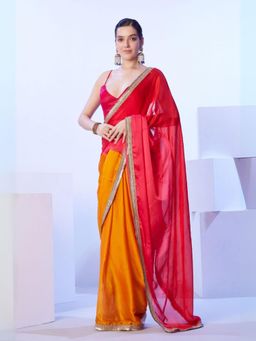 Odette - Mustard and Pink Satin Lace Work Saree with Unstitched Blouse for Women