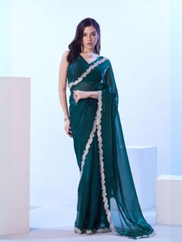 Odette - Teal Satin Lace Work Saree with Unstitched Blouse for Women