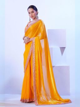 Odette - Yellow Satin Lace Work Saree with Unstitched Blouse for Women