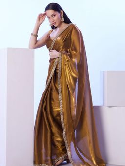 Odette - Brown Satin Lace Work Saree with Unstitched Blouse for Women