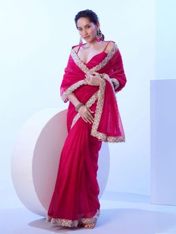 Odette - Pink Net Lace Work Saree with Unstitched Blouse for Women