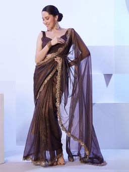 Odette - Brown Net Lace Work Saree with Unstitched Blouse for Women
