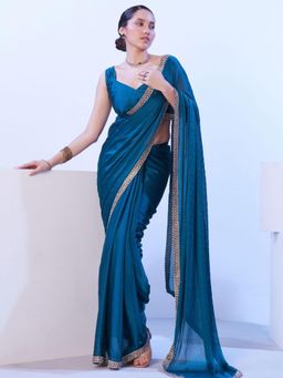 Odette - Teal Blue Satin Embellished Lace Work Saree with Unstitched Blouse for Women