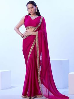 Odette - Pink Satin Lace Work Saree with Unstitched Blouse for Women