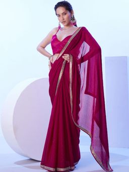 Odette - Dark Pink Satin Embellished Saree with Unstitched Blouse for Women