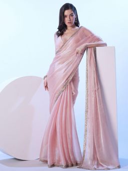Odette - Light Pink Satin Lace Work Saree with Unstitched Blouse for Women