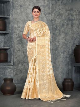 Odette - Off White Viscose Woven Saree with Unstitched Blouse for Women