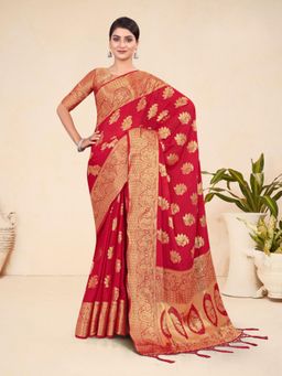 Odette - Red Viscose Woven Saree with Unstitched Blouse for Women