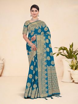 Odette - Blue Viscose Woven Saree with Unstitched Blouse for Women