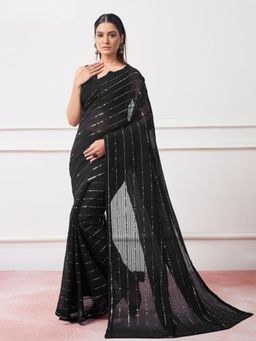 Odette - Black Georgette Sequins Saree with Unstitched Blouse for Women