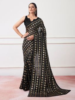 Odette - Black Georgette Gold Sequins Saree with Unstitched Blouse for Women