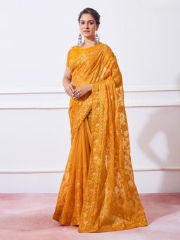 Odette - Mustard Simmer Embroidered Saree with Unstitched Blouse for Women