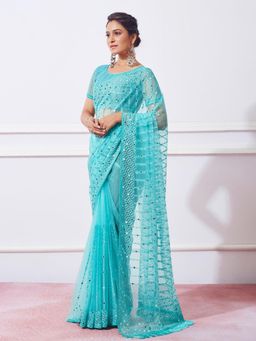 Odette - Sky Blue Embroidered and Mirror Work Saree with Unstitched Blouse for Women