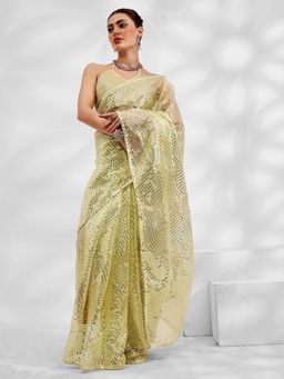 Odette - Lime Net Organza Sequins Saree with Unstitched Blouse for Women