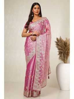 Soch - Women's Onion Pink Organza Embroidered and Stone Work Saree with Unstitched Blouse