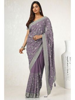 Soch - Women's Lavender Georgette Embroidered and Stone Work Saree with Unstitched Blouse