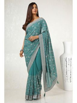 Soch - Women's Sap Green Georgette Embroidered and Stone Work Saree with Unstitched Blouse