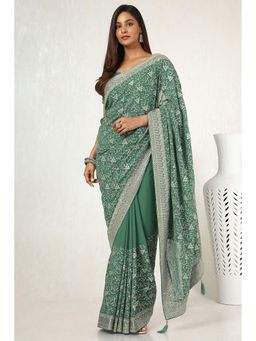 Soch - Women's Light Green Georgette Embroidered and Stone Work Saree with Unstitched Blouse