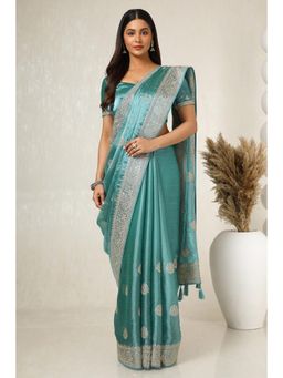 Soch - Women's Powder Blue Organza Embroidered and Stone Work Saree with Unstitched Blouse
