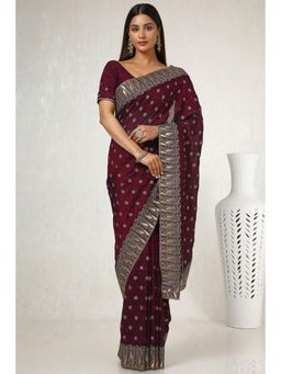 Soch - Women's Maroon Tusshar Embroidered and Stone Work Saree with Unstitched Blouse