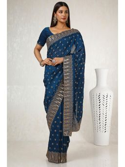 Soch - Women's Teal Tusshar Embroidered and Stone Work Saree with Unstitched Blouse