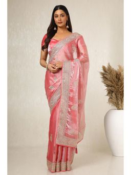 Soch - Women's Peach Organza Embroidered and Stone Work Saree with Unstitched Blouse