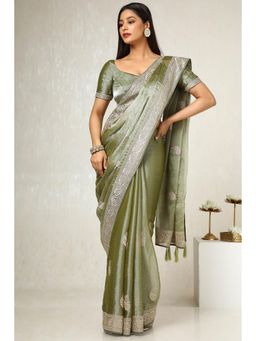 Soch - Women's Olive Organza Embroidered and Stone Work Saree with Unstitched Blouse