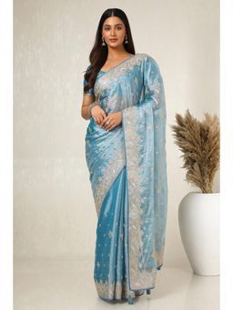 Soch - Women's Powder Blue Organza Embroidered and Stone Work Saree with Unstitched Blouse